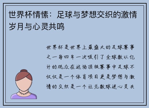 世界杯情愫：足球与梦想交织的激情岁月与心灵共鸣