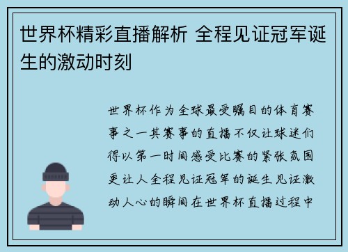 世界杯精彩直播解析 全程见证冠军诞生的激动时刻