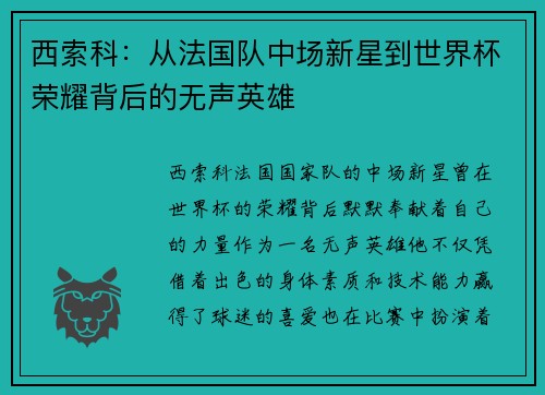 西索科：从法国队中场新星到世界杯荣耀背后的无声英雄